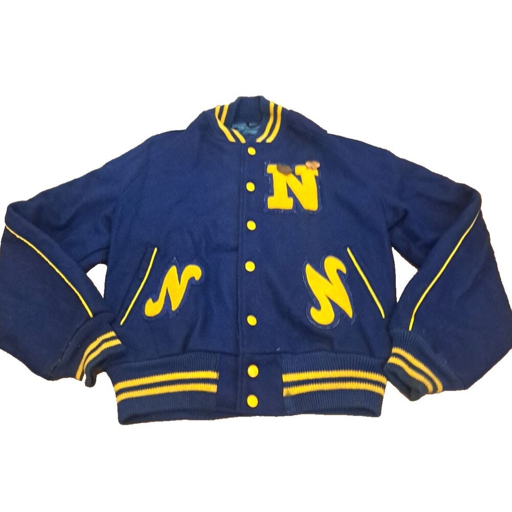 Vintage Womens Varsity Letterman Jacket Blue Yellow Wool Snaps W Pins 1977 Small